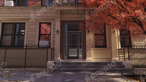 Aperçu: Entrance door of modern building with red leaves tree in autumn season