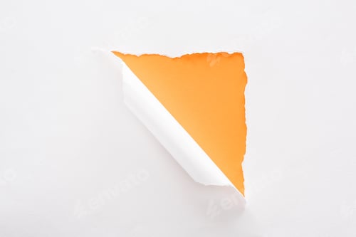 Preview: white torn and rolled paper on colorful orange background
