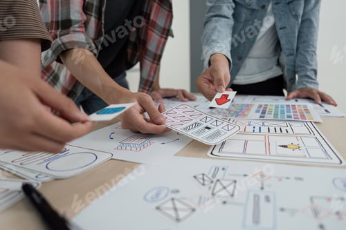 Preview: Brainstorm planing creative teamwork, Close up of hands mobile phone app developer team meeting