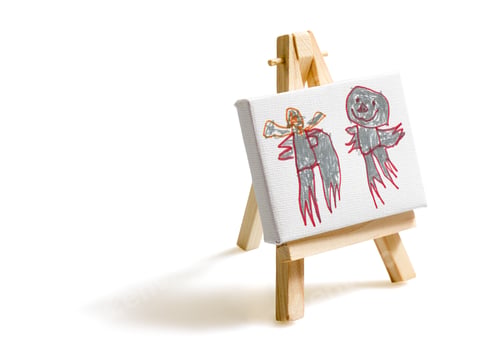 Preview: Canvas painted by child on easel isolated on white background
