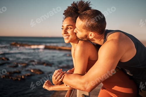 Preview: Couple hug and kiss at beach with sunset, outdoor with love and care in nature, exercise with sea v