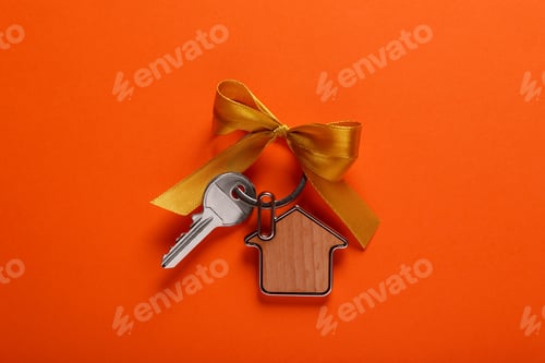 Preview: Key with trinket in shape of house and yellow bow on orange background, top view. Housewarming party