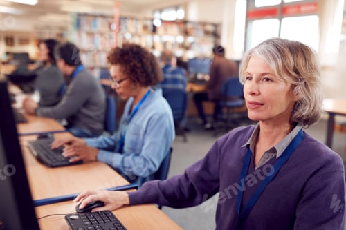 Preview: Group Of Mature Adult Students In Class Working At Computers In College Library
