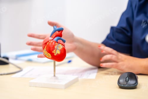 Preview: Cardiologist explaining something using a heart model to a patient