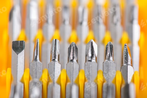 Preview: Set Of Screw Tips And Extensions With The Screwdriver In The Yellow Toolbox