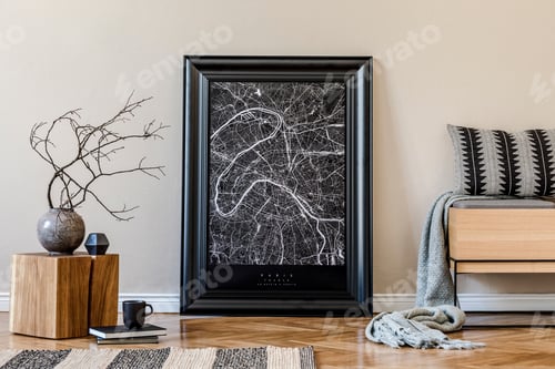 Preview: Creative composition of cozy and creative hall interior design with black mock up poster frame.