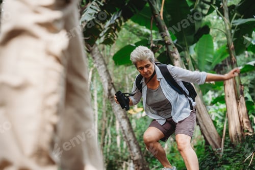 Preview: woman family or friends group trekking travel in adventure lifestyle, nature hiking in vacation