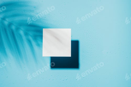 Preview: Creative podium White stone tiles blue background with drops, bright sun and shadows