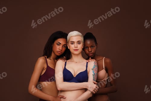 Preview: Group of young female in lingerie against backdrop.