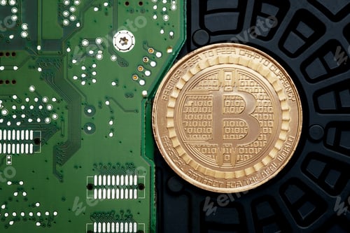 Preview: Gold metallic Bitcoins on electronic circuit motherboard.