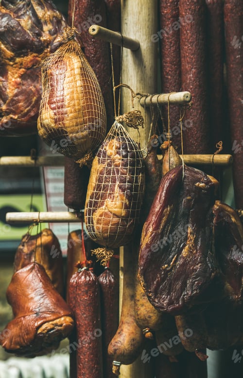 Preview: Variety of hanging traditional Hungarian smoked meat and sausages
