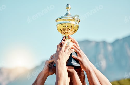 Preview: Sports, champion and hands of team with trophy for achievement, goal and success together. Celebrat