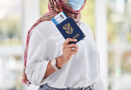 Preview: Covid, passport and travel with a muslim woman in airport for international or global traveling and