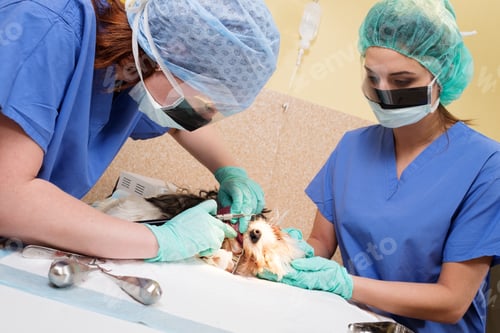 Preview: Vets performing canine dental prophylaxis on Yorkshire terrier.
