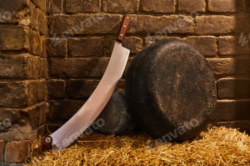 Preview: hard cheese head with double handled cheese knife on straw in front of brick wall