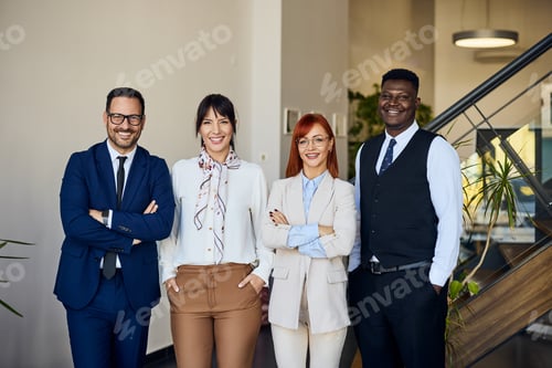 Preview: Professional Team Posing Together in Modern Office Environment with Smiling Faces