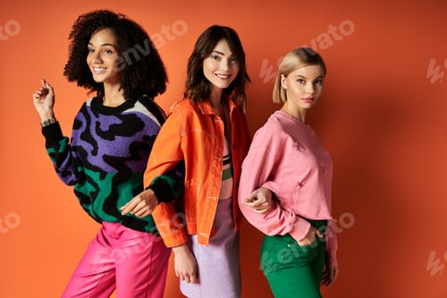 Preview: Vibrant trio: three women in colorful attire