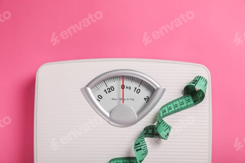 Preview: Weight loss concept. Scales and measuring tape on pink background, top view. Space for text