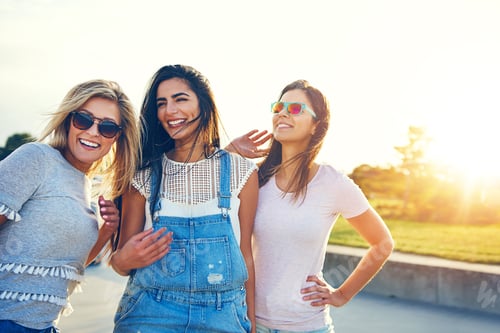 Preview: Three Cheerful Women Smiling Outdoors on a Sunny Day