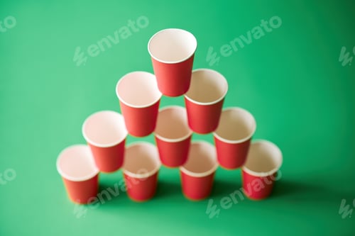 Preview: Pyramid of pink paper cups on green background.