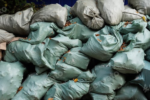 Preview: Stacked green fabric sacks outdoors against blue wall