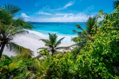 Preview: Amazing wild tropical beach Petite Anse with lush vegetation on La Digue Island, Seychelles