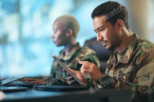 Preview: Asian man, army and tablet in research for military equipment, browsing or checking data at base. M