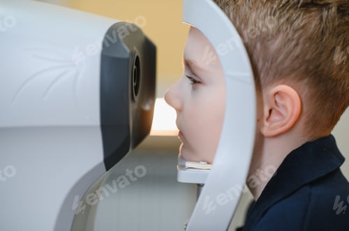 Preview: Child patient undergoing vision diagnostics with modern equipment in ophthalmology clinic