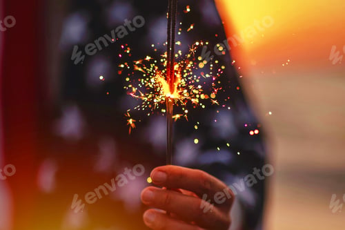 Preview: Millennial candid authentic man wrapped American flag keep sparkler firework as symbol of democracy