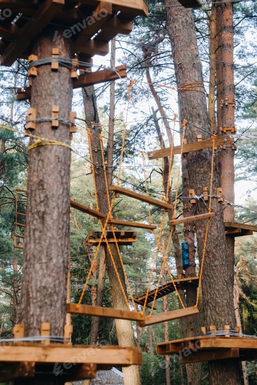Preview: Elements of a rope town in the park. An empty rope town in the forest