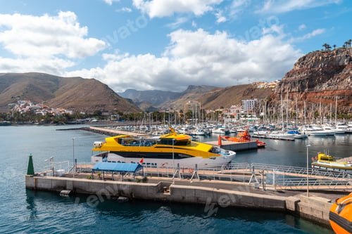 Preview: Port of San Sebastian de la Gomera seen from the ferry heading to Tenerife. Canary Islands