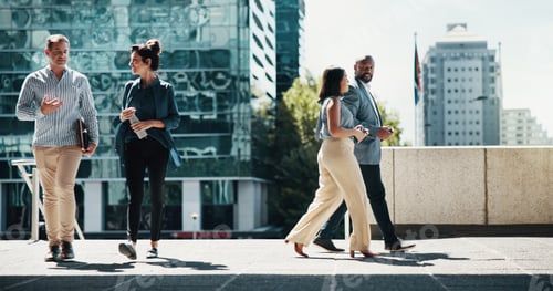 Preview: Business, people and walking in city with conversation for corporate ideas, project planning or mor