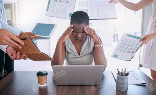 Preview: Burnout, stress and headache with business woman and work overload, too much and pressure in corpor