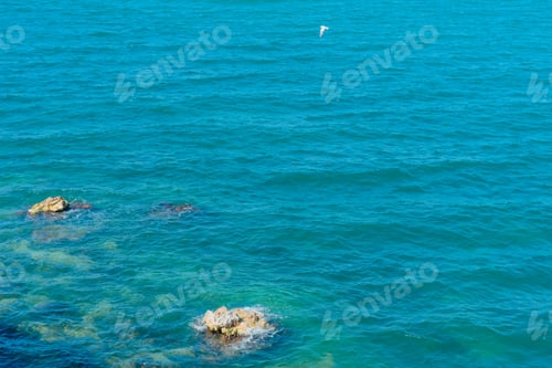 Preview: The Sea And Stones. Splashing Waves- Summer Landscape. Seascape Background.