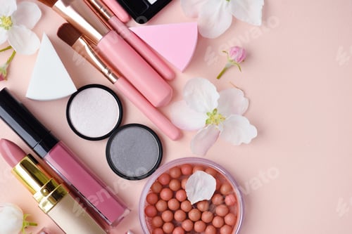 Preview: Makeup brush and decorative cosmetics with apple blossom on pink