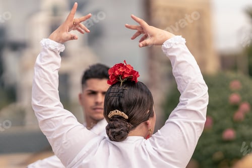 Preview: flamenco dancer with her back to the stage dancing with raised arms