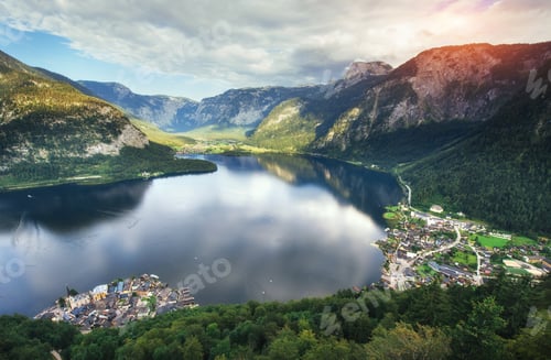 Preview: View from height on Hallstatt town between the mountains. Austri