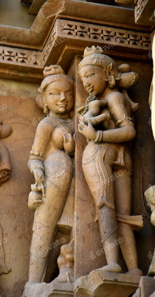 Preview: Stone carving sculptures on Khajuraho Temple, a UNESCO world Heritage site, India.