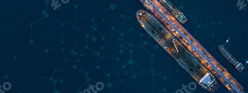 Preview: Aerial view tanker ship vessel unloading at port at night, Global business logistic import export.