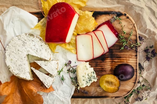 Preview: Top view of cheese set on wooden background