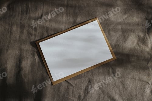 Preview: Flat lay white card background mock-up with empty place for text. Craft envelope and postcard