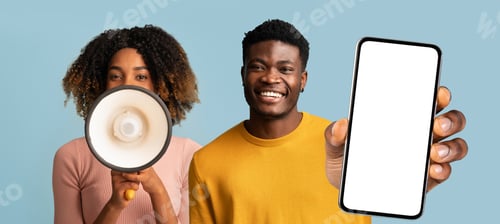 Preview: Nice Ad. Black Couple Making Announcement With Megaphone And Showing Blank Smartphone