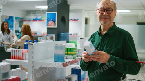 Preview: Senior customer smiling and looking at cardiology pills box in pharmacy