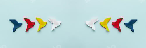 Preview: two groups four paper origami pigeons white, yellow, red, blue fly towards on light background, 16:9