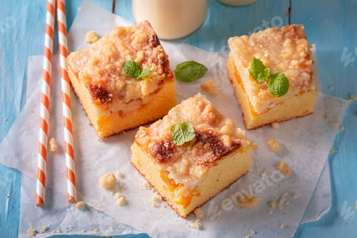 Preview: Sweet and delicious peach cake served with milk.