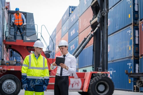 Preview: Manager with Technicians working at Container yard warehouse.