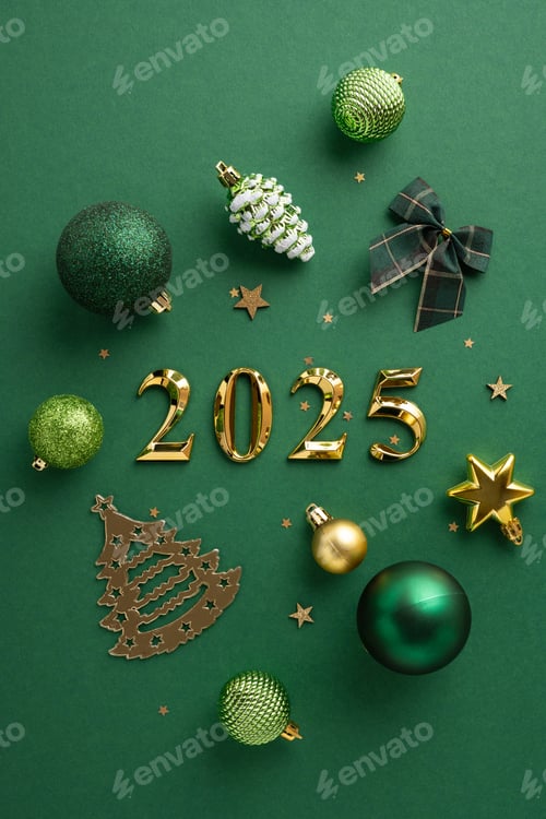 Preview: Green and gold vertical ornaments arranged on a festive background