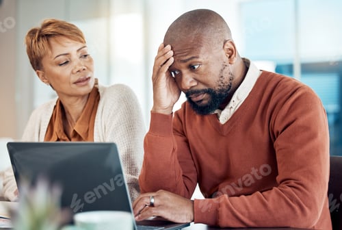 Preview: Stress, finance and laptop by senior couple checking budget, savings and expenses while paying bill
