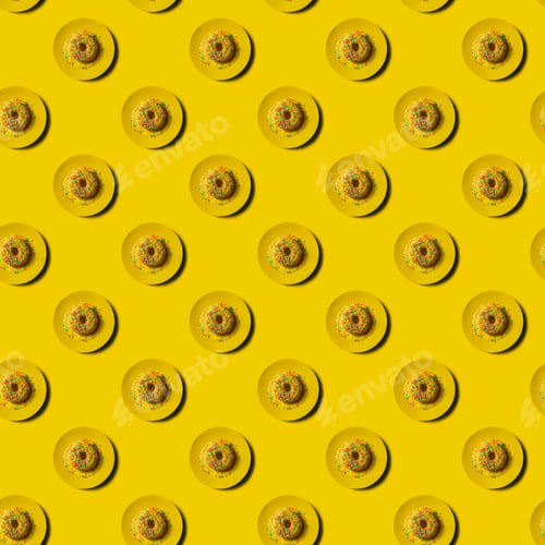 Preview: Yellow plate with donut on yellow seamless repeating pattern.
