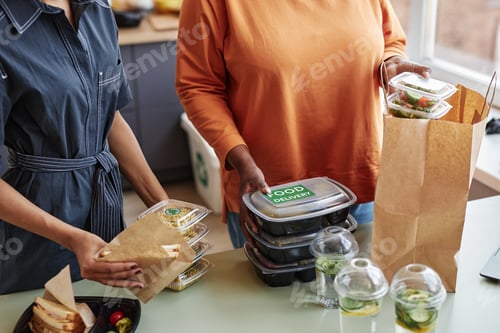 Preview: Closeup of two women unpacking food delivery order at home